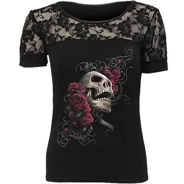 Rose Skull Lace Collar Womens T-Shirt