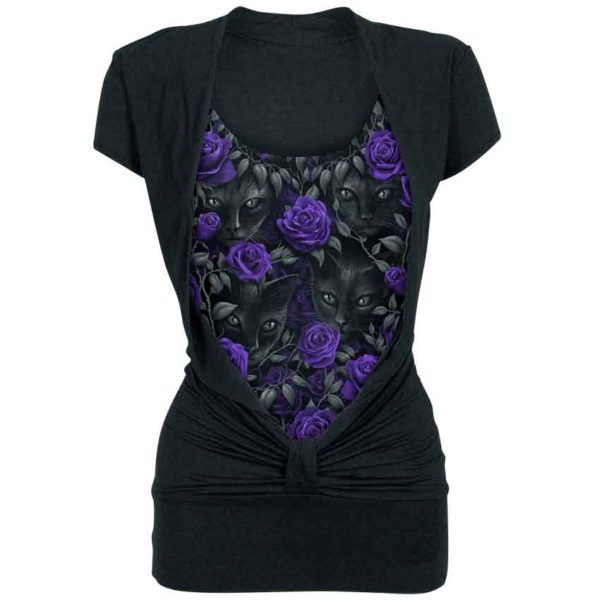 Black Cat and Purple Rose Knotted Top