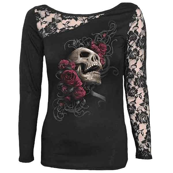 Rose Skull Womens Lace Shoulder Shirt