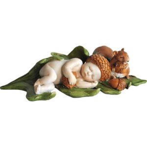 Sleeping Acorn Fairy Baby and Squirrel
