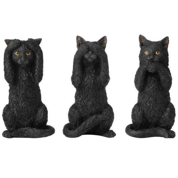 Hear, See, and Speak No Evil Black Kitten Statues