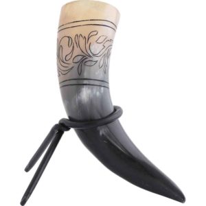 Floral Etched Drinking Horn with Stand