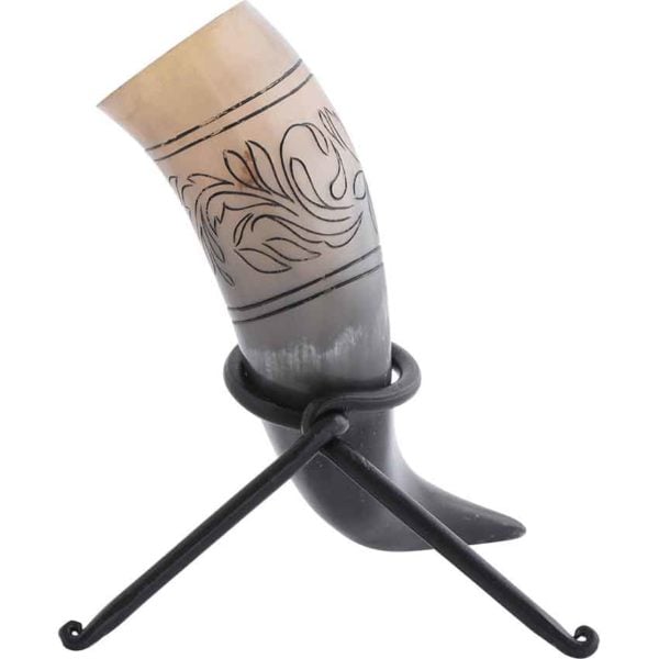 Floral Etched Drinking Horn with Stand