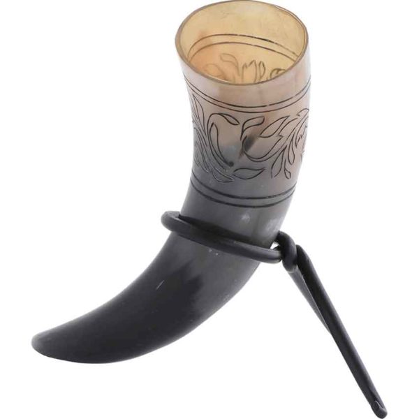 Floral Etched Drinking Horn with Stand