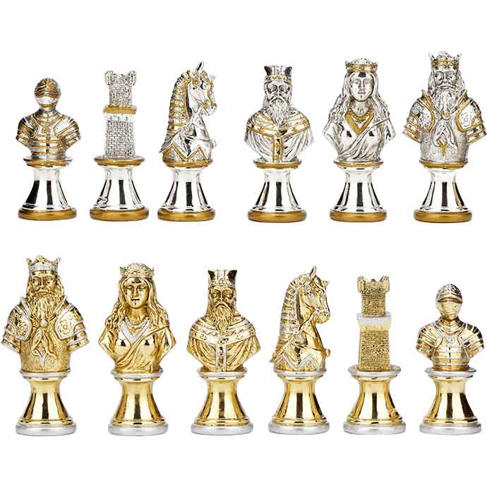 Medieval style chess pieces with a castle