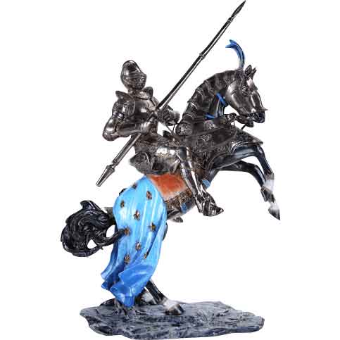 Metallic Medieval Knight on Rampant Horse Statue