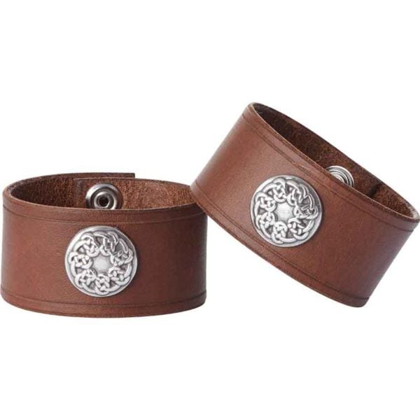 Leather Wrist Cuffs with Knotwork Shield
