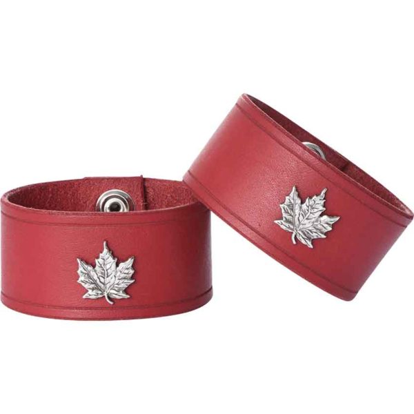 Leather Wrist Cuffs with Maple Leaf