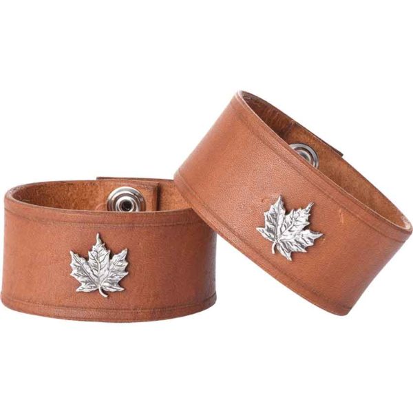 Leather Wrist Cuffs with Maple Leaf