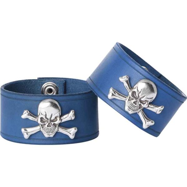 Leather Wrist Cuffs with Skull and Crossbones