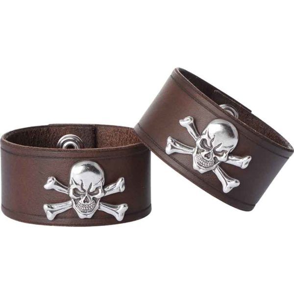 Leather Wrist Cuffs with Skull and Crossbones