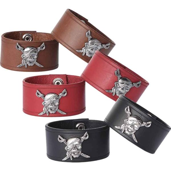 Leather Wrist Cuffs with Pirate Skull