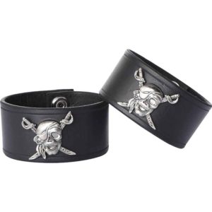 Leather Wrist Cuffs with Pirate Skull