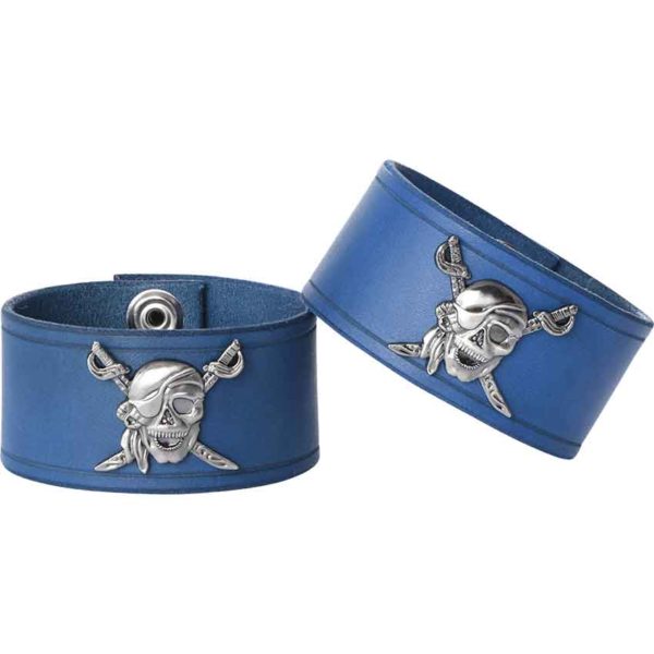 Leather Wrist Cuffs with Pirate Skull