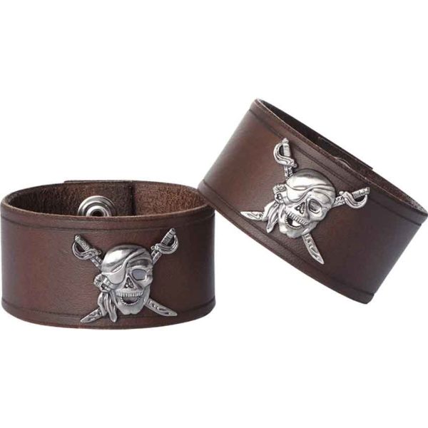 Leather Wrist Cuffs with Pirate Skull