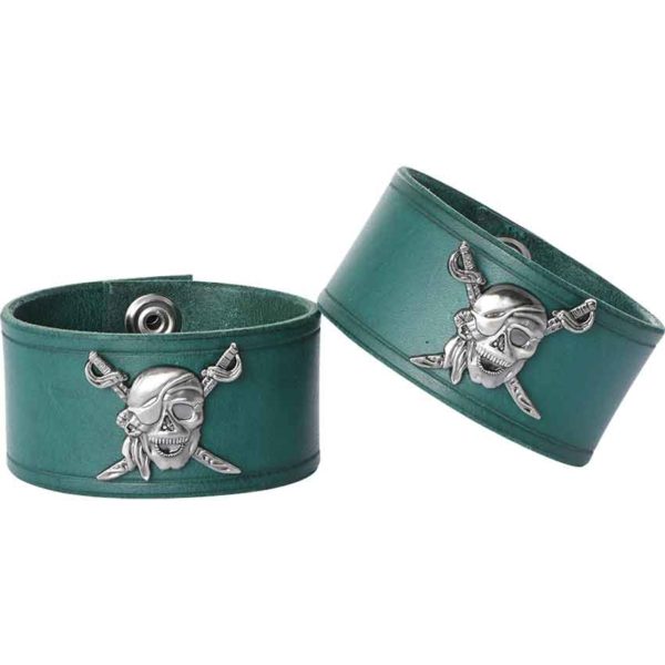 Leather Wrist Cuffs with Pirate Skull