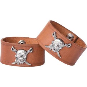Leather Wrist Cuffs with Pirate Skull