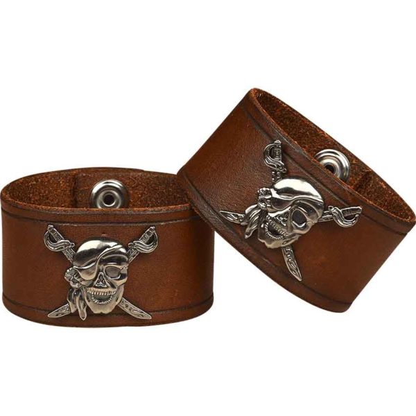 Leather Wrist Cuffs with Pirate Skull