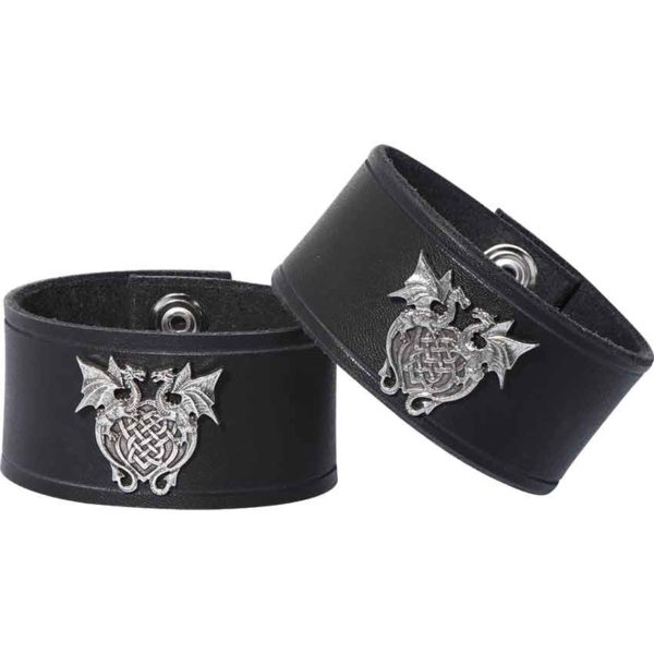 Leather Wrist Cuffs with Celtic Dragons