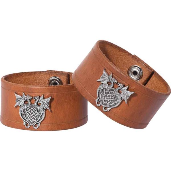 Leather Wrist Cuffs with Celtic Dragons