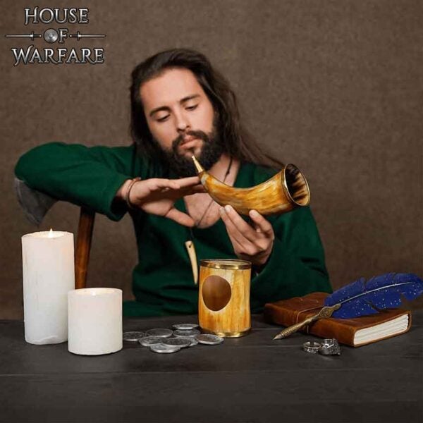 Brass Rim Drinking Horn with Horn Stand