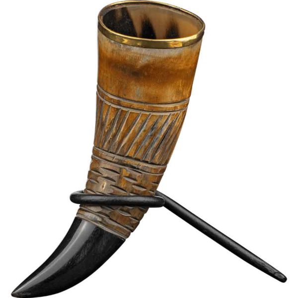 Carved Spiral Drinking Horn with Stand