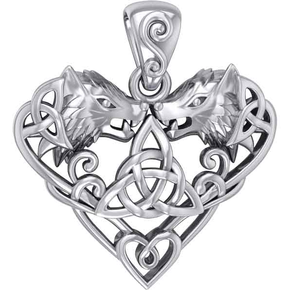 Silver Wolves with Celtic Triquetra in Heart Pendant