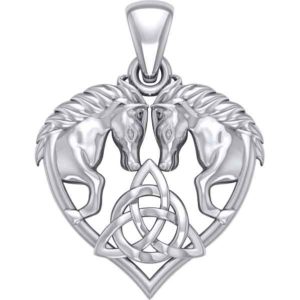 Silver Horses with Celtic Triquetra in Heart Pendant