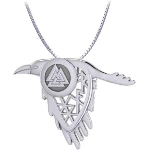 Silver Raven and Viking Rune Pendant