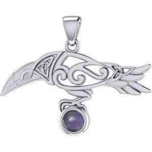 Sterling Silver Raven with Gemstone Pendant