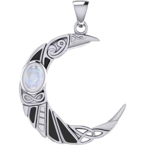 Silver Celtic Moon Raven with Gemstone Pendant