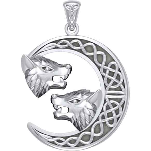 Silver Crescent Moon and Wolves Pendant