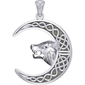 Silver Celtic Moon and Wolf Head Pendant