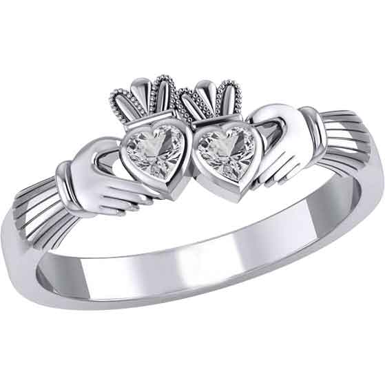 Silver Double Claddagh with Gemstone Ring