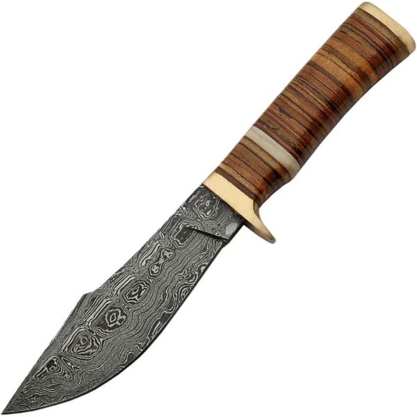 Leather Stacked Damascus Bowie Knife