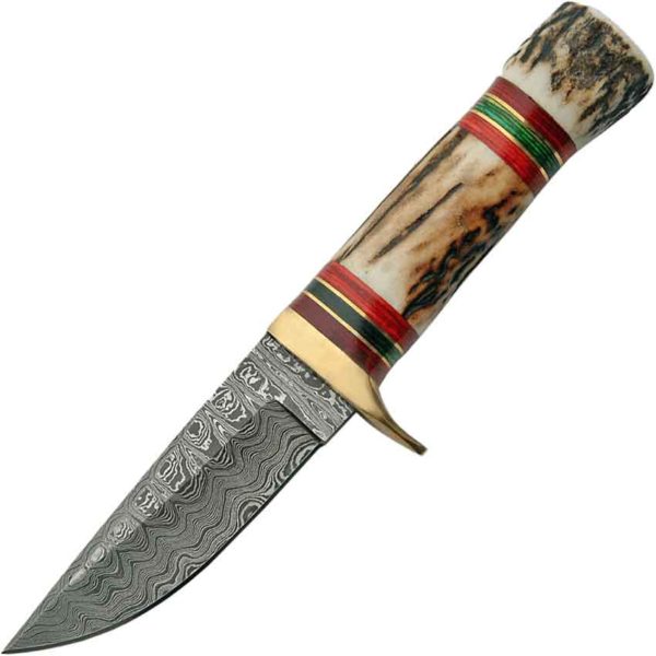 Colorful Antler Damascus Hunter Knife
