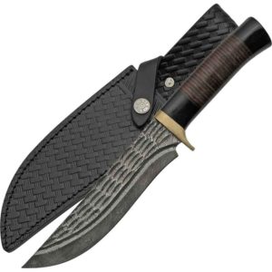 Grooved Damascus Hunter with Horn and Leather Handle