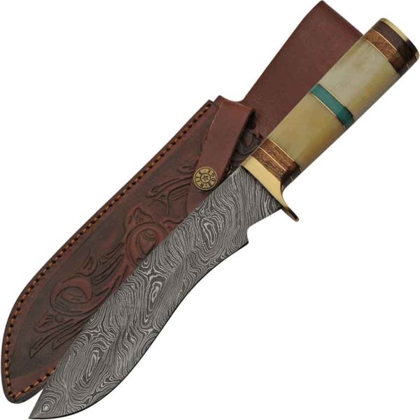 Turquoise and Bone Damascus Hunting Knife