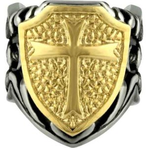 Gold Cross and Shield Steel Ring