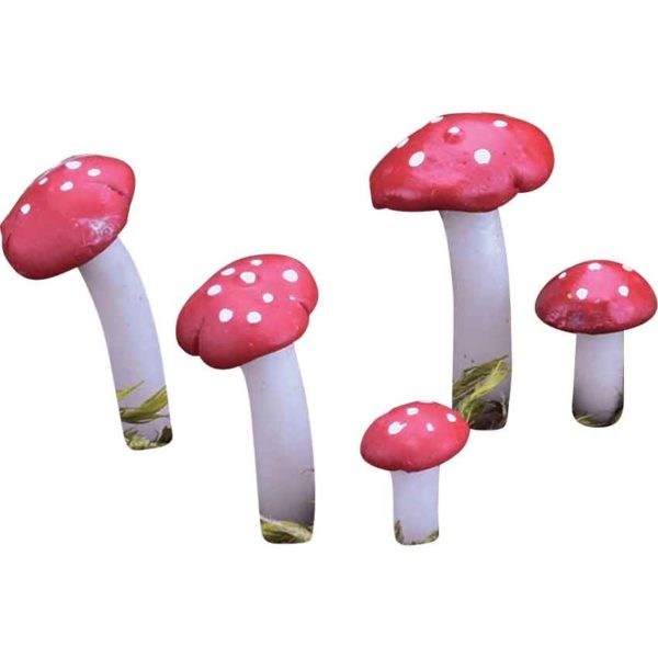 Set of 5 Mini Red Mushrooms Statues with Stakes