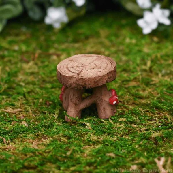 Mini Wooden Stool with Mushrooms Statue