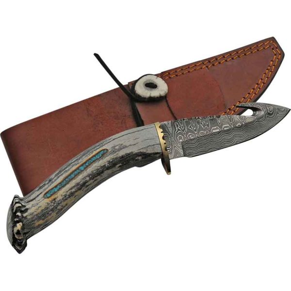 Damascus Deer Antler with Turquoise Guthook Knife