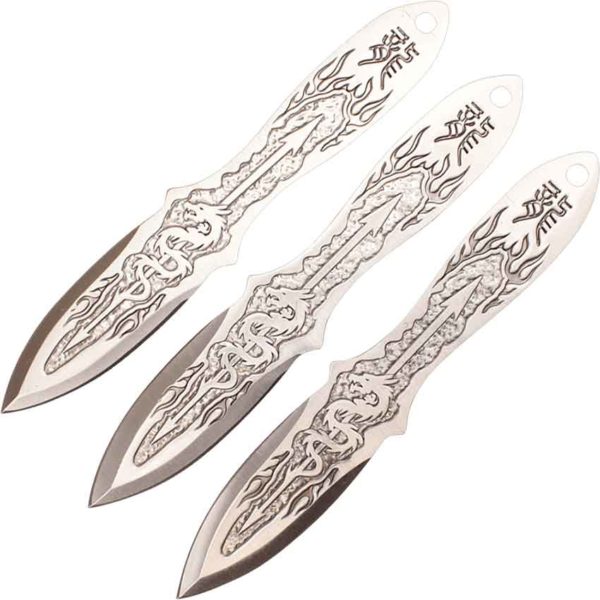 6 Inch Set of 3 Silver Dragon Throwing Knives