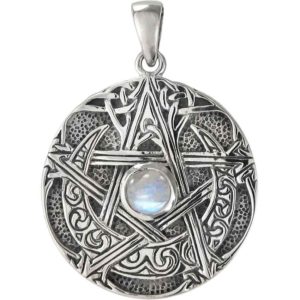 Silver Moon Pentacle Pendant with Rainbow Moonstone