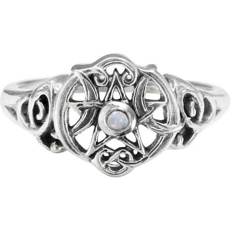 Silver Heart Pentacle Ring with Rainbow Moonstone