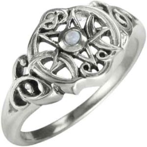 Silver Heart Pentacle Ring with Rainbow Moonstone