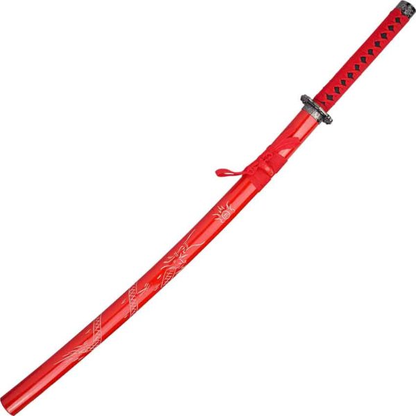 Carved Dragon Red Saya Sword Set
