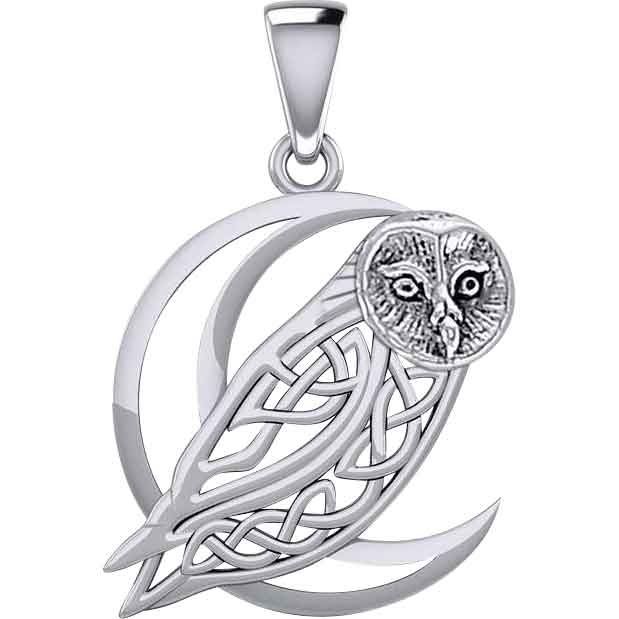 Owl on Celtic Moon Amulet .925 Sterling Silver Charm Pendant main image 1