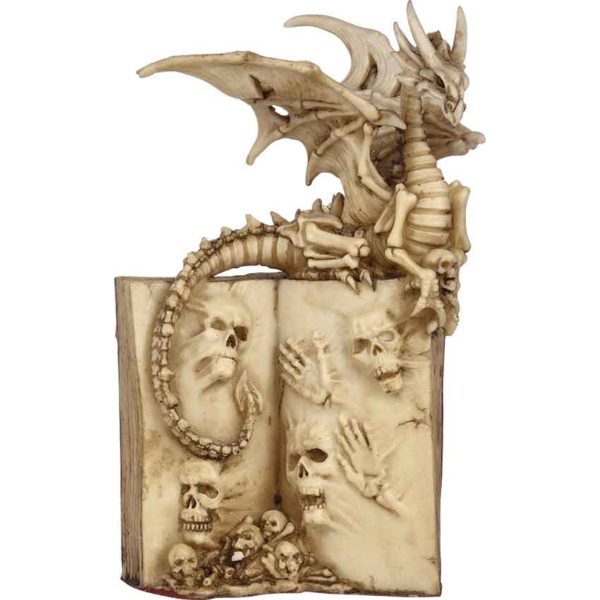 Skeletal Dragon on Skull Book Statue