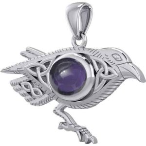 Silver Knotwork Raven with Gemstone Pendant